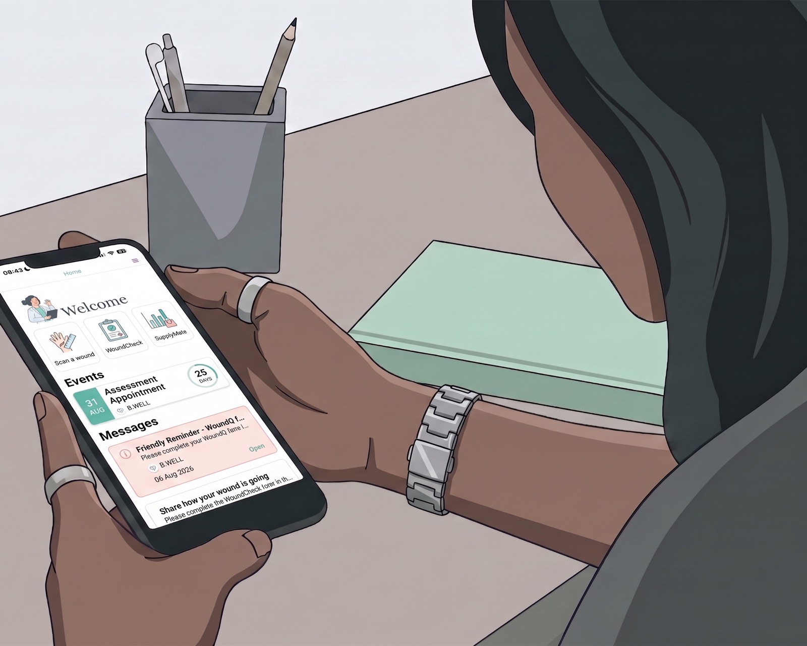 Illustration of a patient checking their appointments and messages in the B.WELL app on their phone.