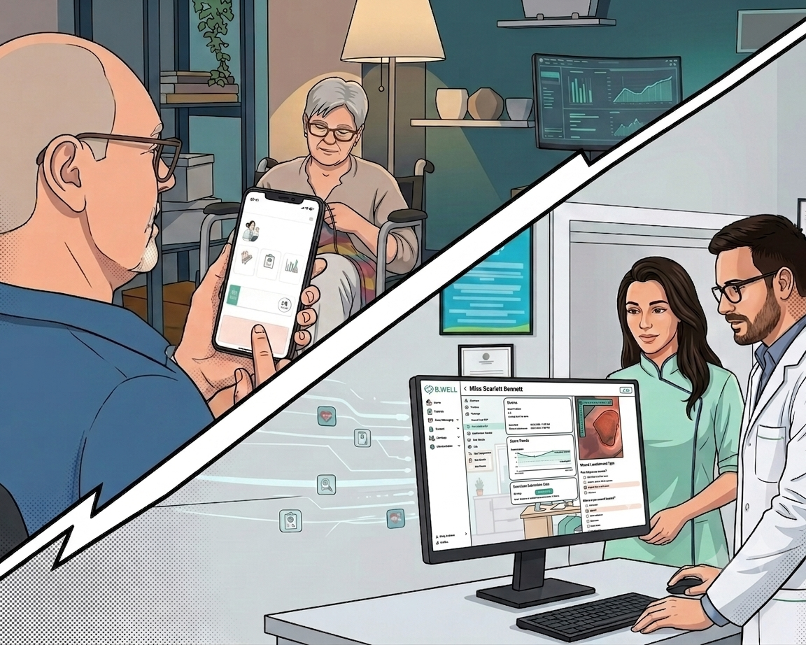 Illustration of a patient using their phone at home, surrounded by reminder and health icons.