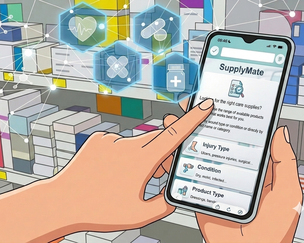 Illustration of a patient ordering recommended care supplies from a checklist on their phone.
